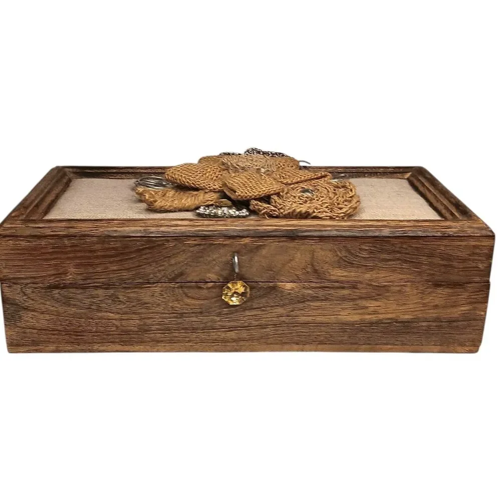 Jewelry Box Brown Wooden Trinket Box With Burlap And Silver Metal Flowers 10x5x3